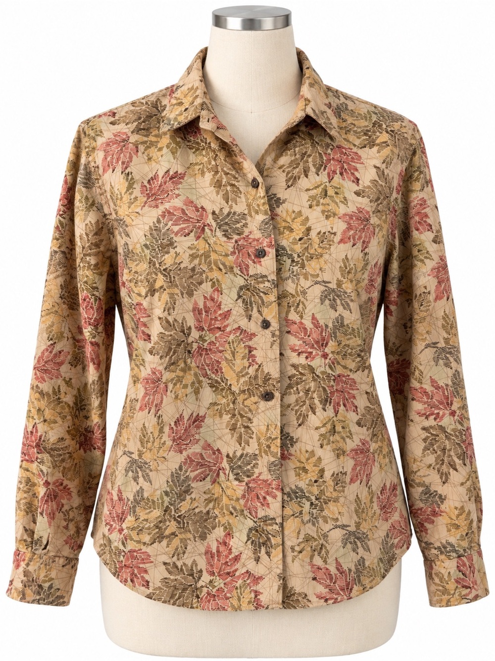 L.L. Bean Women’s Beige Floral Button-Down Shirt with Rose and Olive Accents